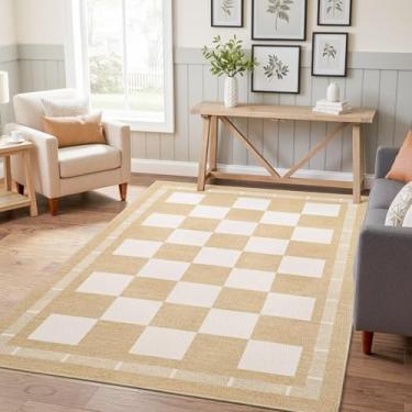 Imagem de Vasofe Tapete xadrez 7,5 x 12,5 cm, tapetes de juta, lavável ao ar livre, ambientes internos, tapetes de entrada, quarto, varanda, cozinha, antiderrapante, casa de fazenda, neutro, escritório