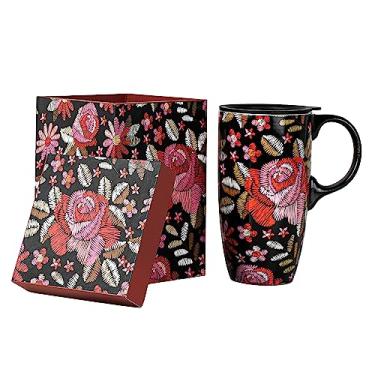 Imagem de Voltogar Caneca de viagem de café de cerâmica de 482 g com alça e tampa deslizante resistente a respingos, xícara de arte de chá de porcelana de grande capacidade com caixa colorida, caneca floral