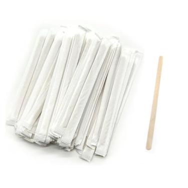 Imagem de 100 peças de mexedores de café de madeira de 14 cm embrulhados individualmente varetas de mexer de bétula agitador de café de ponta redonda para café, coquetel e bebidas quentes, café, bar