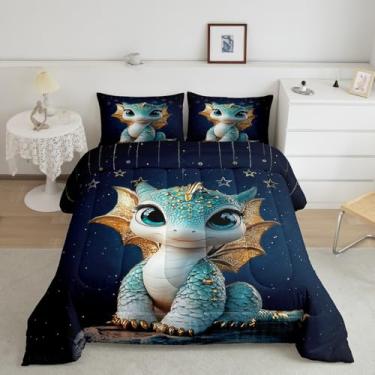 Imagem de Feelyou Conjunto de edredom solteiro com dragão para meninos e meninas, adolescentes, vida selvagem, conjunto de edredom para decoração de quarto, azul marinho