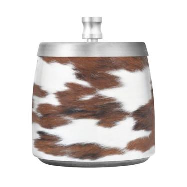 Imagem de JUZIHAI Cinzeiro de vaca com impressão marrom com tampa, bandeja de cinzeiro de aço inoxidável inodoro à prova de vento cinzeiro sem fumaça para escritório em casa, pátio, varanda, fumar cigarros