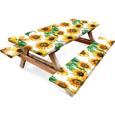 Imagem de Conjunto de 3 peças de toalha de mesa de piquenique de vinil e banco de 1,8 m 72 cm com forro de flanela retangular com bordas elásticas para piqueniques de viagem de verão ao ar livre e pátio (girassol)