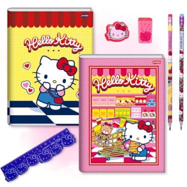 Imagem de Caderno Hello Kiity Brochurão KIT com 2 unidades + kit escolar + régua (Rosa + Amarelo)