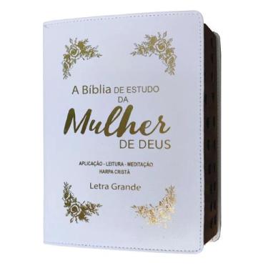 Imagem de Bíblia de estudo da mulher de deus  letra grande  com harpa e índice  