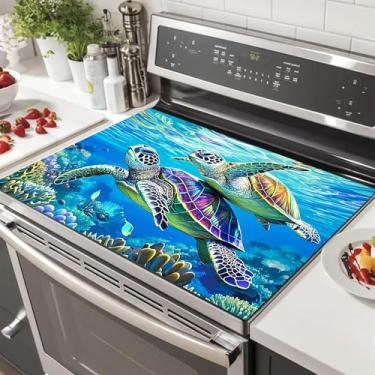 Imagem de HOMETITUTE Coberturas superiores de fogão de tartaruga marinha para fogão elétrico 71 x 50 cm almofada decorativa de vidro para fogão resistente ao calor capa de fogão de cozinha tapete de bancada