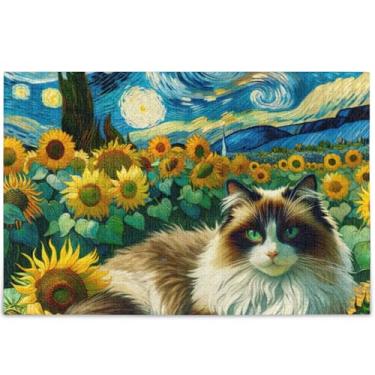 Imagem de Ragdoll Gato Noite Estrelada Girassol Quebra-cabeças Adulto 1000 Peças Arte Quebra-cabeça Arte Divertida Quebra-cabeça Personalizado Elefante Branco, 75 cm x 50 cm