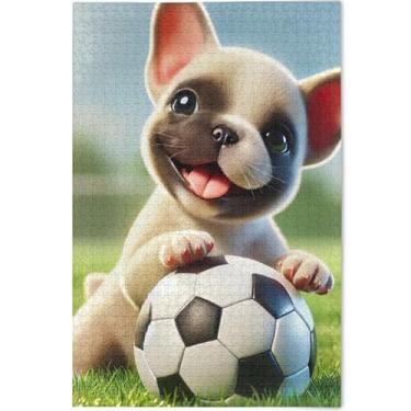Imagem de Quebra-cabeça buldogue filhote de cachorro futebol 1000 peças para adultos impressão de arte animal presentes masculinos exclusivos personalizados elefante branco presentes engraçados, 75 x 50 cm