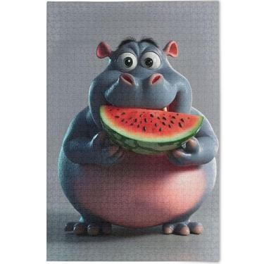 Imagem de Quebra-cabeça personalizado com estampa animal de hipopótamo 3D para adultos 500 peças presentes para elefante branco arte de jogo quebra-cabeças duros arte brinquedo pintura, 52 cm x 37,8 cm