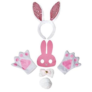 Imagem de Petitebella Máscara de animais combinados, tiara, cauda, 5 peças, fantasia 1-5 anos (lantejoulas brancas/rosas), tamanho único)