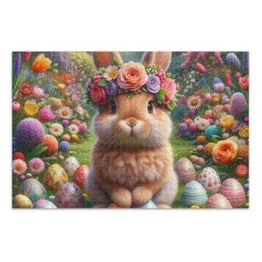 Imagem de Quebra-cabeça floral coroa coelho Páscoa 1000 peças para adultos decoração de casa arte personalizada família divertido quebra-cabeça branco elefante festa presentes, 75 x 40 centímetros