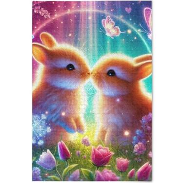 Imagem de Quebra-cabeça fofo coelho beijo coelho 500 peças adultos arte animal decoração quebra-cabeça cena outono personalizado elefante branco presentes de festa, 52 cm x 37,8 cm