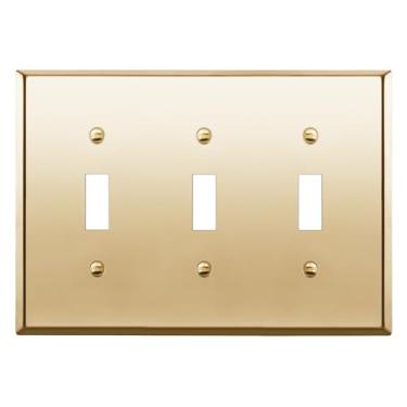 Imagem de ENERLITES Placa de parede de metal com interruptor de luz, aço inoxidável, resistente à corrosão, tamanho 3 entradas, 11,4 cm x 16,2 cm, 7713-PB, latão polido 302, dourado