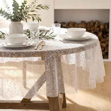 Imagem de Horaldaily Toalha de mesa de gaze branca prateada redonda 152 x 152 cm, folha metálica com glitter de lantejoulas prateadas, gaze de tule transparente para casamento, chá de bebê, cerimônia de