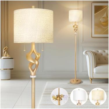 Imagem de Scenekoy Luminária de chão escultural de 166 cm para sala de estar, quarto, acabamento de folha dourada e corpo de resina, lâmpada de pé com interruptor de corrente de puxar, lâmpada de canto
