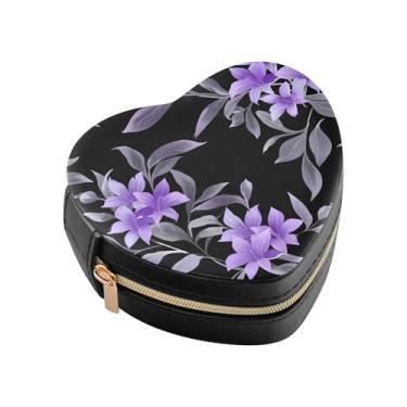 Imagem de Burbuja Mini caixa de joias em forma de coração com flores roxas para mulheres e meninas, estojo portátil organizador de armazenamento para brincos, anéis, colares e pulseiras