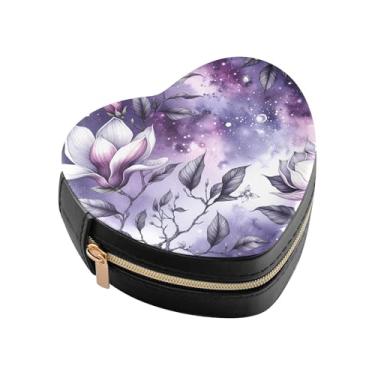 Imagem de Burbuja Caixa de joias em forma de coração com flores de magnólia, mini estojo de viagem para mulheres e meninas, organizador portátil de armazenamento para brincos, anéis, colares e pulseiras