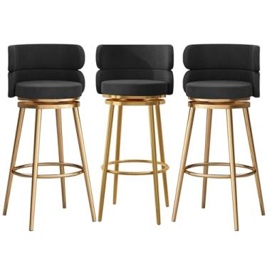 Imagem de Conjunto de 3 bancos de bar estofados, cadeiras giratórias para café da manhã com 65 cm de altura, bancos de cozinha com encosto alto, apoio para os pés de metal preto, preto