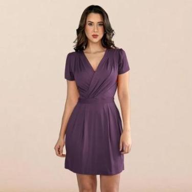 Imagem de Vestido Curto Decote Transpassado Envelope Soltinho Acinturado Manga Curta-Feminino