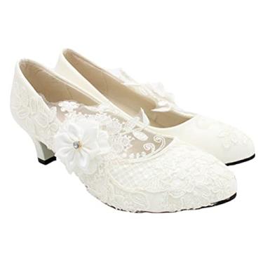 Imagem de Holibanna Sapatos de noiva de bico fechado salto grosso sapato de renda romântico salto médio, Branco, 6.5