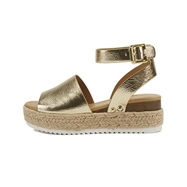 Imagem de Soda Topic Sandália casual com fivela de bico aberto e tira no tornozelo, alpargatas, plataforma plana, Dourado, 36