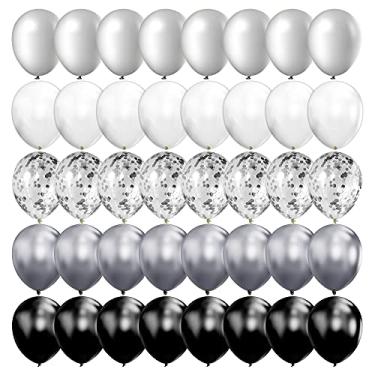 Imagem de 100 balões metálicos cromados e confetes prateados, balões de látex de 30,5 cm, balões prateados, preto e branco, para decorações de casamento, noivado, aniversário