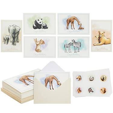 Imagem de Pacote com 24 cartões de chá de bebê em branco e envelopes com selos de adesivos, 6 desenhos de animais (10 x 15 cm)