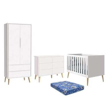 Imagem de Dormitório Theo 2 Portas, Cômoda 6 Gavetas, Berço com Pés Madeira Natural e Colchão - Reller Móveis