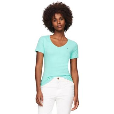 Imagem de Tommy Hilfiger Camiseta feminina com logotipo de cor lisa com gola V, (Coleção 2024) Verde ambicioso., PP