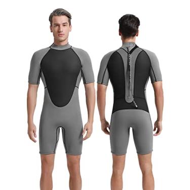 Imagem de REALON Roupa de mergulho masculina Shorty 3 mm, maiô térmico de neoprene adulto, manga curta, zíper nas costas, roupa molhada, mantém aquecido em água fria para natação, surfe, mergulho, snorkeling (3 mm cinza curto, 3GG)
