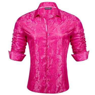 Imagem de Barry.Wang Camisas masculinas de seda Paisley flor manga longa camisa social para festa de negócios casual botão masculino, B Rosa choque, 4G
