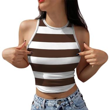 Imagem de PKDong Regata cropped feminina sexy sem mangas, listrada, patchwork, gola única, camiseta de treino, moda verão, Marrom, XXG