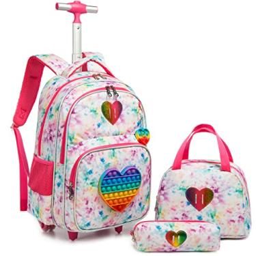 Imagem de Egchescebo Mochila Escolar Infantil com Rodinhas para Menino e Crianças Rodas Bolsa Mala Carrinho 17” 3PCS Lancheira Juvenil Estojo Costas Divertidamente Toy Brinquedos de Amor Rosa Claro