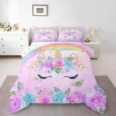 Imagem de Feelyou Conjunto de Edredom de Unicórnio, Tamanho Solteiro, 3D, Roxo, Arco-íris, Ultra Macio e Fofo