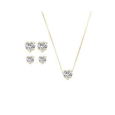 Imagem de Colar 51cm e Brincos Duplos Ponto de Luz Coração Semijoia Banhado A Ouro Zircônia Antialérgico Charmoso Delicado