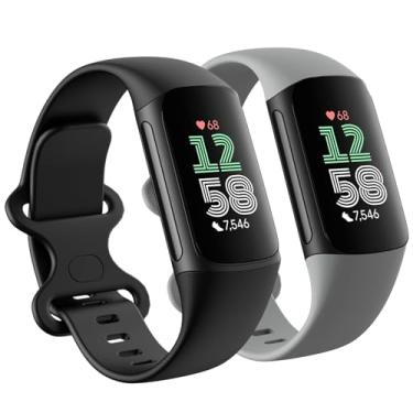 Imagem de Pacote com 2 pulseiras de substituição compatíveis com Fitbit Charge 5/Fitbit Charge 6 para mulheres e homens, macias, respiráveis esportivas ajustáveis (grande de 17 a 23 cm, preto/cinza)