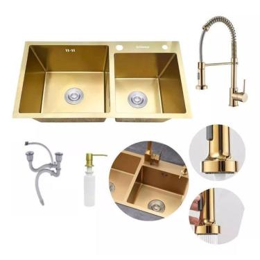 Imagem de Kit Cuba Pia Dupla Cozinha Aço Inox E Torneira Flexivel