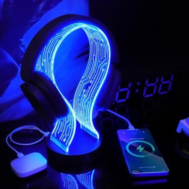 Imagem de Lampeez Suporte de fone de ouvido iluminado em acrílico, acessório de mesa com padrão PCB e 16 luzes LED coloridas, 1 porta de carregamento USB e 1 tipo C, para jogadores amantes de música, meninos e