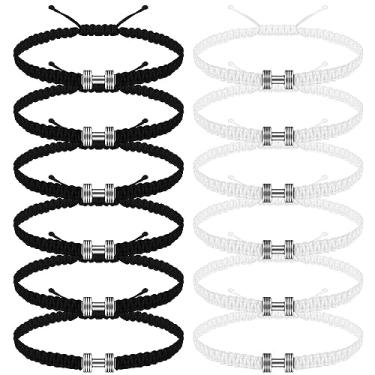 Imagem de Zeyune 12 peças pulseira de haltere de tecido preto branco fitness motivacional pingente de haltere pulseira ajustável para homens e mulheres pulseira de ginástica yoga fitness esportes fitness