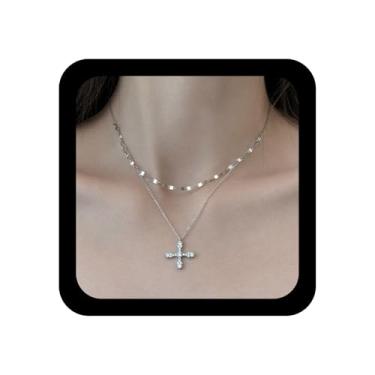 Imagem de Yienate Colar gargantilha com cruz de cristal em camadas, corrente de prata com pingente de cruz de estrela e strass vintage, colar com pingente de crucifixo de rocha, presente para mulheres e meninas