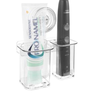 Imagem de Linkidea Suporte de parede para escova de dentes para banheiro, organizador de cabide de escova de dentes autoadesivo de plástico com 2 compartimentos, compatível com Oral-B série iO, Sonicare