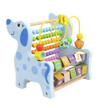 Imagem de Brinquedo Educativo Infantil em Madeira, Ábaco com Blocos Numéricos, Formato Girafa Azul, Coordenação Motora