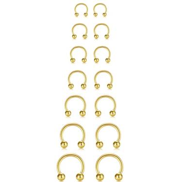 Imagem de Piercing de nariz em ferradura 16G argola para narina, 7 pares de barra curvada circular internamente roscada, aço cirúrgico banhado a ouro 14K conjunto de joias para piercing corporal pequeno para lábios, daith, tragus, hélice cartilagem, Rook, vários piercings sorridentes (esfera, 6 mm - 14 mm)