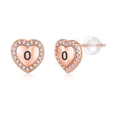 Imagem de Brincos de coração com inicial para meninas, prata esterlina S925, hipoalergênicos, banhado a ouro rosa, zircônia cúbica, brincos com letra para meninas adolescentes, meninas e crianças, Latão, Zircônia cúbica