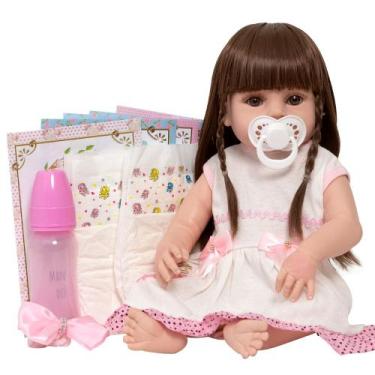 Imagem de Bebe Reborn de Silicone Cabelo Castanho 46cm Vários Itens - Cegonha Re