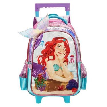Imagem de Mochila De Rodinhas Escolar Infantil Sereia Ruiva 3D - Denlex, Rosa