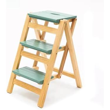 Imagem de Cadeira de escada dobrável de madeira – Prateleira versátil de bambu para armazenamento e decoração – Suporte ideal para plantas de biblioteca – Design dobrável e econômico de espaço, verde - 3