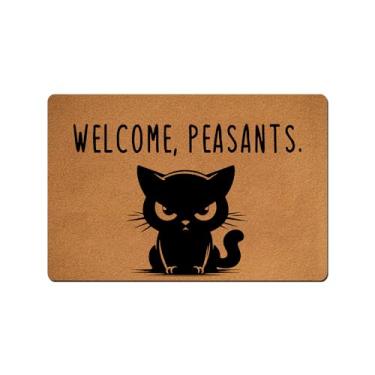 Imagem de VUZUCOSH Tapetes engraçados de boas-vindas, tapete de porta, capacho engraçado, tapetes de cozinha, tapete de banheiro antiderrapante de borracha 60 cm x 40 cm (gato camponeses bem-vindos)