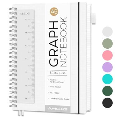 Imagem de AHGXG Caderno de papel milimetrado – Caderno espiral com 160 páginas, caderno gráfico A5 14,5 cm x 21,1 cm, papel quadriculado de 100 g/m², capa de plástico impermeável, para matemática de engenharia