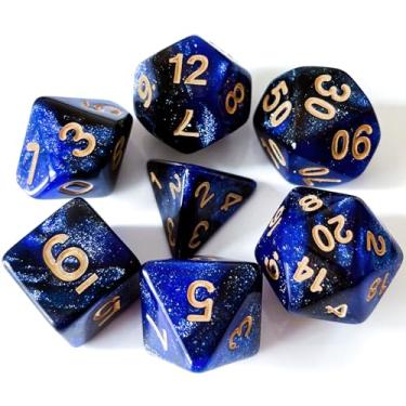 Imagem de Galaxy DND Dice 7Pieces, Glitter Sparkle Cosmic Blue Black Mixed Polyhedral DND Dice for RPG MTG Table Game Dice