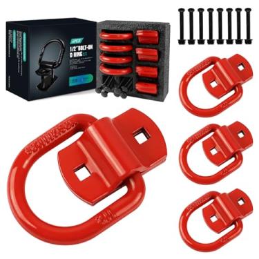 Imagem de QYMOPAY 4 anéis D de aço resistente com ancoragem de 1,27 cm, âncoras de amarração de 5443 kg para trailers, caminhões, vans, trailers, motos, caiaques, barcos e quadriciclos (vermelho)